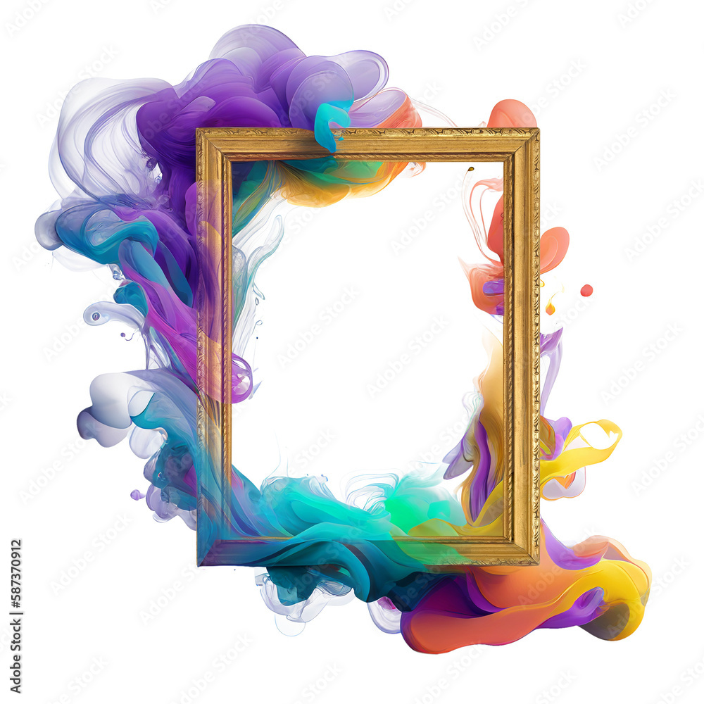 Creative picture frame surrounded by colorful smoke and ink with transparent background (png image). Generative AI content.