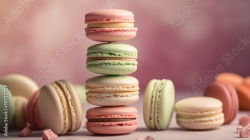 Pastel colored macarons stacked into a tower, Generative AI
