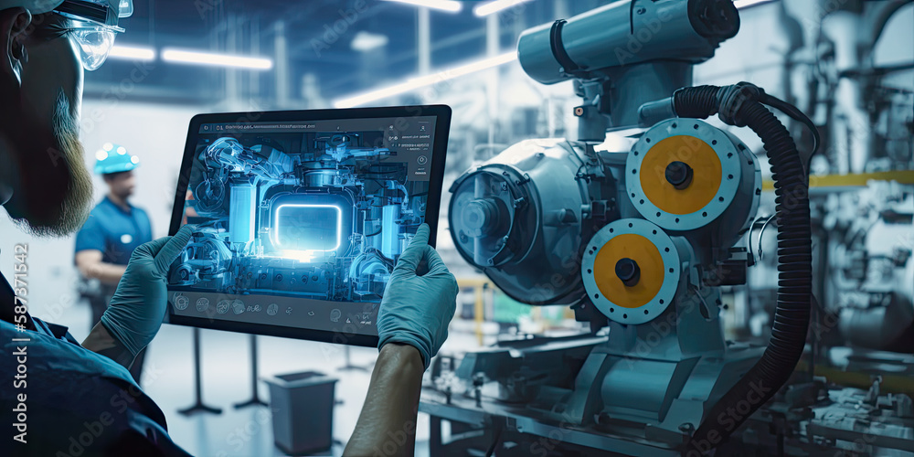 Industrial engineer in factory using smart tablet and glass - Generative AI Industrial engineer in factory using smart tablet and glass - Generative AI