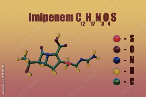 Structural chemical formula and molecular model of imipenem, an ultravenous beta-lactam antibiotic belong to the subgroup of carbapenems. 3d illustration