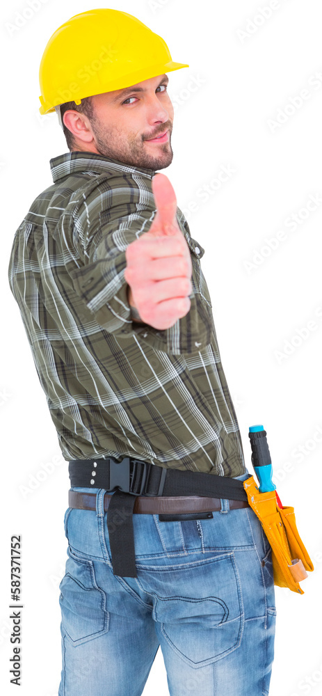 Confident manual worker gesturing thumb up Confident manual worker gesturing thumb up