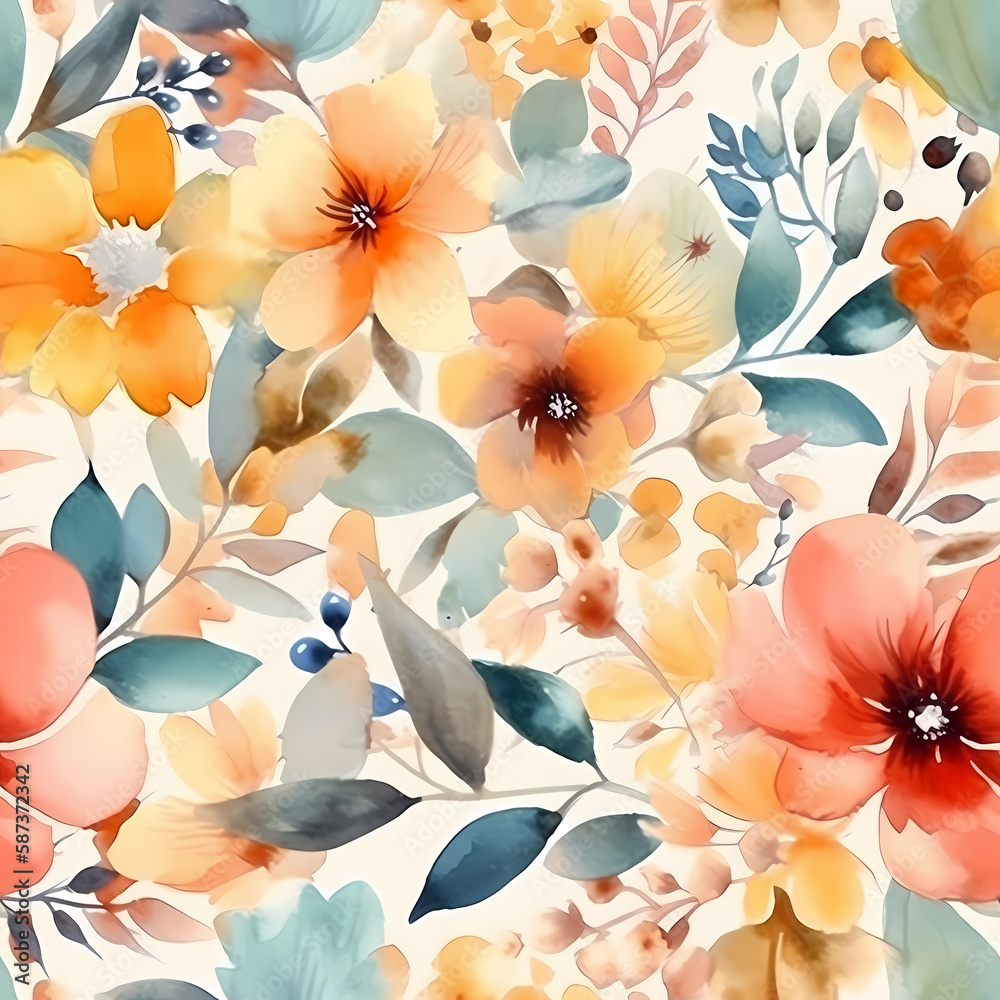 seamless pattern with flowers. watercolor design. Generative AI
