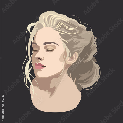 Portrait of a beautiful blonde girl with closed eyes and curly hair with a beam.