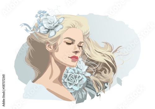 Blonde girl with closed eyes and loose curly hairs decorated with flowers.