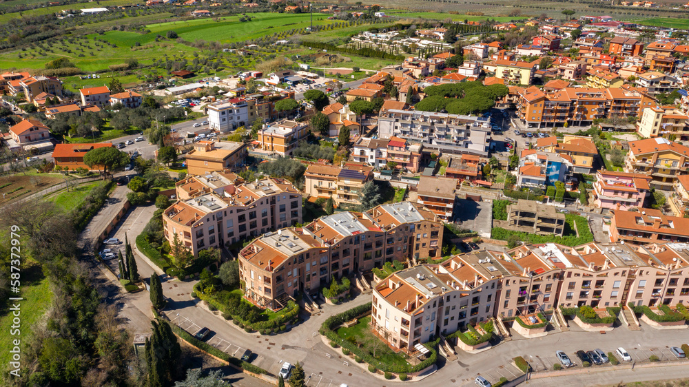 Aerial view of a suburban residential neighborhood.
