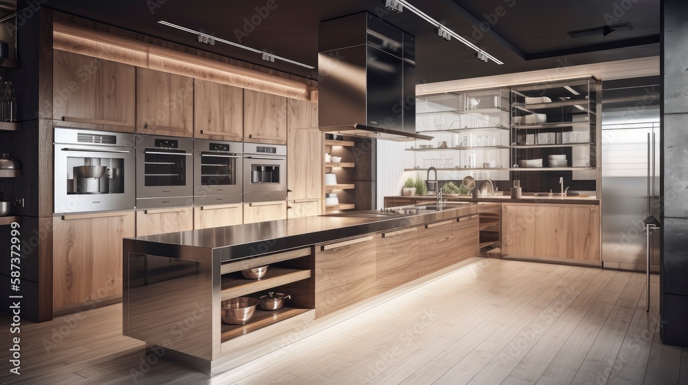 custom made wallpaper toronto digitalModern kitchen with black furniture and wooden floor. ai generative.