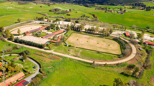 Aerial view of an empty equestrian center.