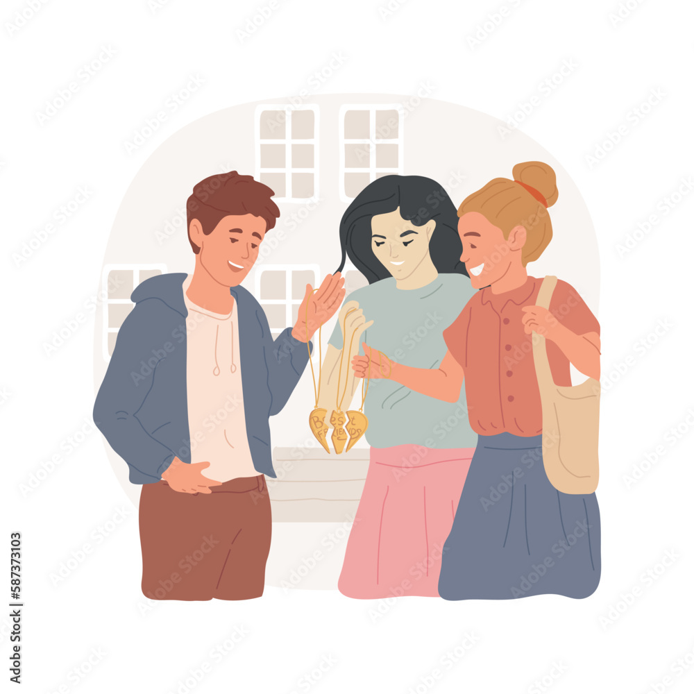 Friendship necklaces isolated cartoon vector illustration. Teenagers showing friendly necklace, girls wearing halves of heart on neck, teens lifestyle, smiling friends hugging vector cartoon. Friendship necklaces isolated cartoon vector illustration. Teenagers showing friendly necklace, girls wearing halves of heart on neck, teens lifestyle, smiling friends hugging vector cartoon.