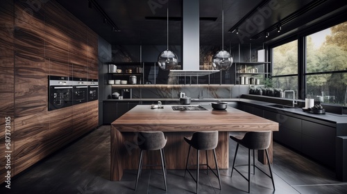 Modern kitchen with black furniture and wooden floor. ai generative.