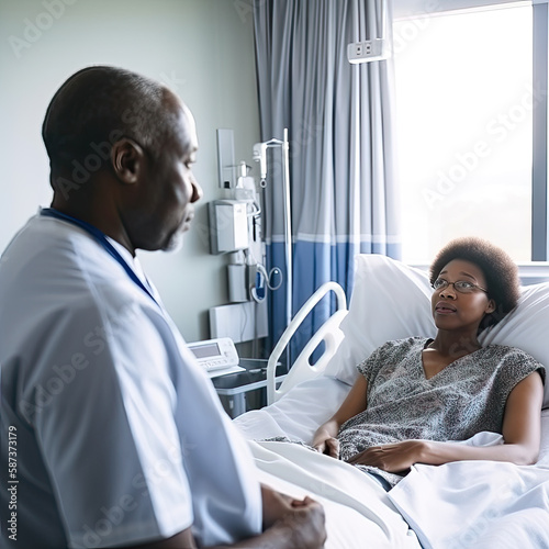 AI generated African american doctor talking to sick patient in hospital ward