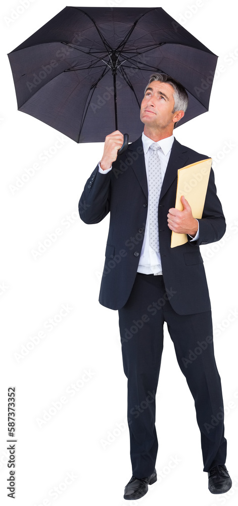 Businessman holding file under umbrella Businessman holding file under umbrella