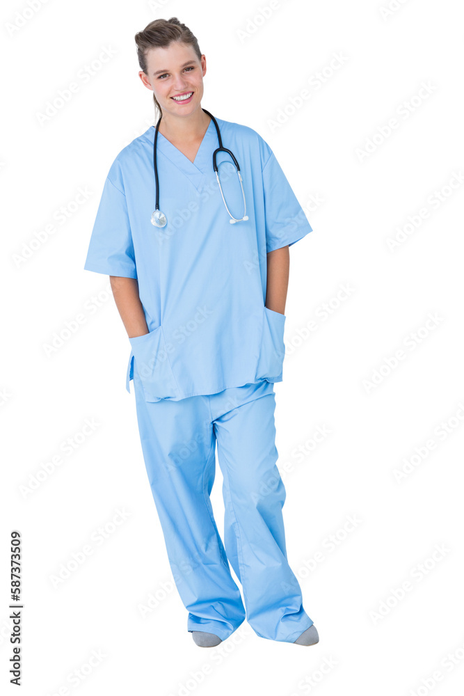 Happy nurse smiling at camera with hands in pockets Happy nurse smiling at camera with hands in pockets