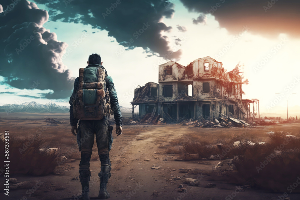 Post-apocalypse: The End of the World. The terribly ruined landscape with survivor | Generative AI Production Post-apocalypse: The End of the World. The terribly ruined landscape with survivor | Generative AI Production