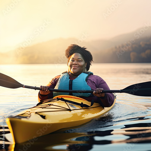 AI generated Beautiful african american woman paddling a canoe on lake