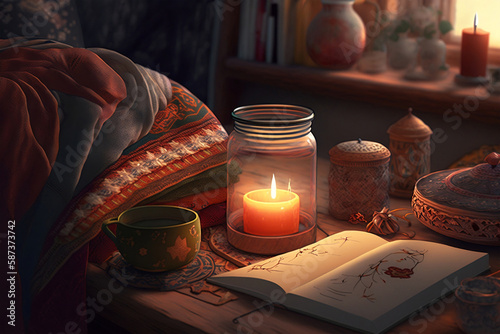 Wallpaper Mural woman relaxing in the middle of the night without electricity, using only a lantern, Generative AI Torontodigital.ca