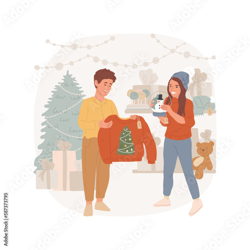 Buying presents isolated cartoon vector illustration. Teenage friends buying gifts for Christmas, festive decoration in shopping mall, preparation for holiday celebration vector cartoon.