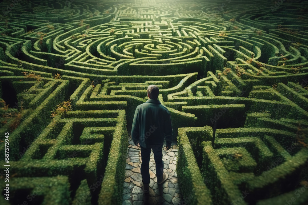 Man entering in green hedge complex maze, created with Generative AI.