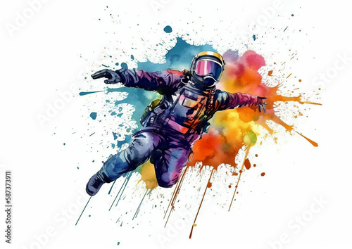Watercolor abstract representation of skydiving. Skydiving player in action during colorful paint splash, isolated on white background. AI generated illustration.