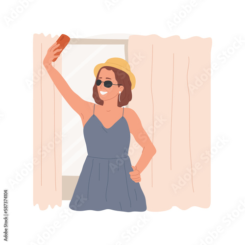 New look isolated cartoon vector illustration. Smiling girl taking selfie in new outfit in front of mirror and sending picture to friend, clothes matching style, teens fashion vector cartoon.
