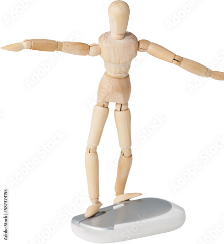 3d image of wooden figurine standing on computer mouse 
