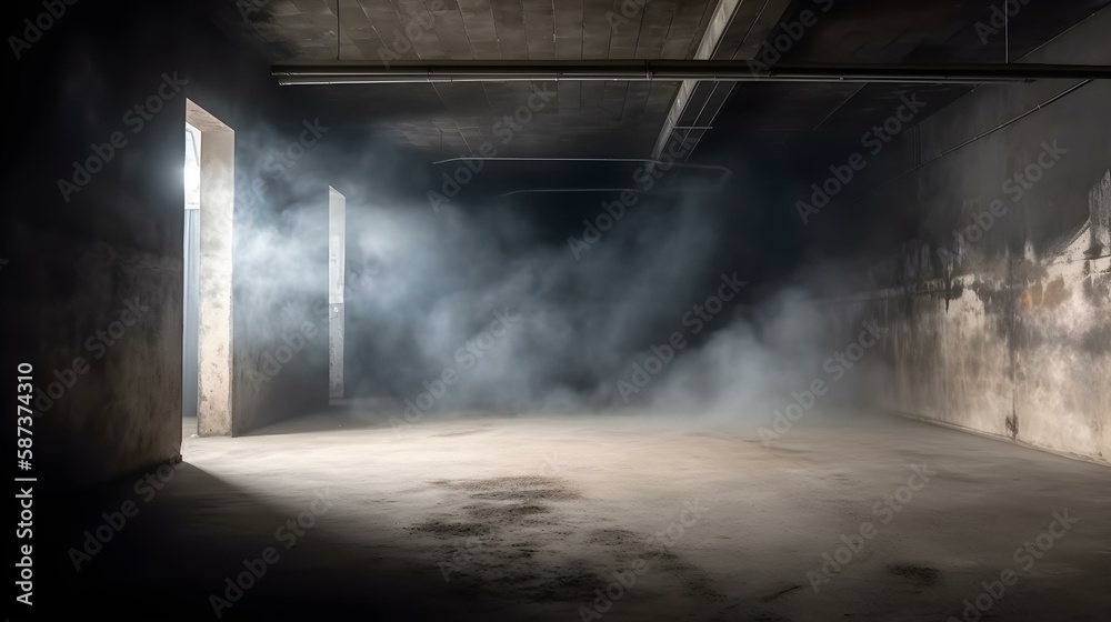 Empty Concrete Room with Smoke or Steam on the Floor
