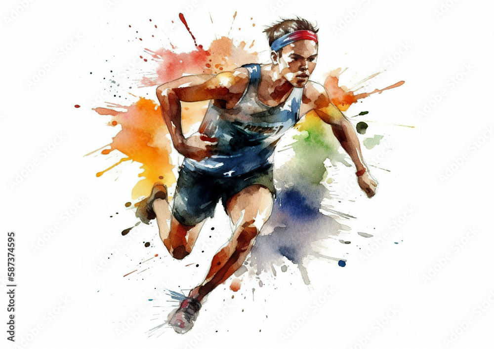 Fototapeta premium Watercolor abstract illustration of track and field.Sports abstract.Running with great momentum for a healthy life.Colorful paint splash during hurdle jump, isolated on white background.AI generated
