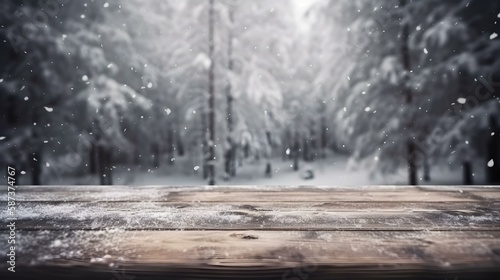 Wooden Table with Snow Texture Background for Christmas and Winter Holidays