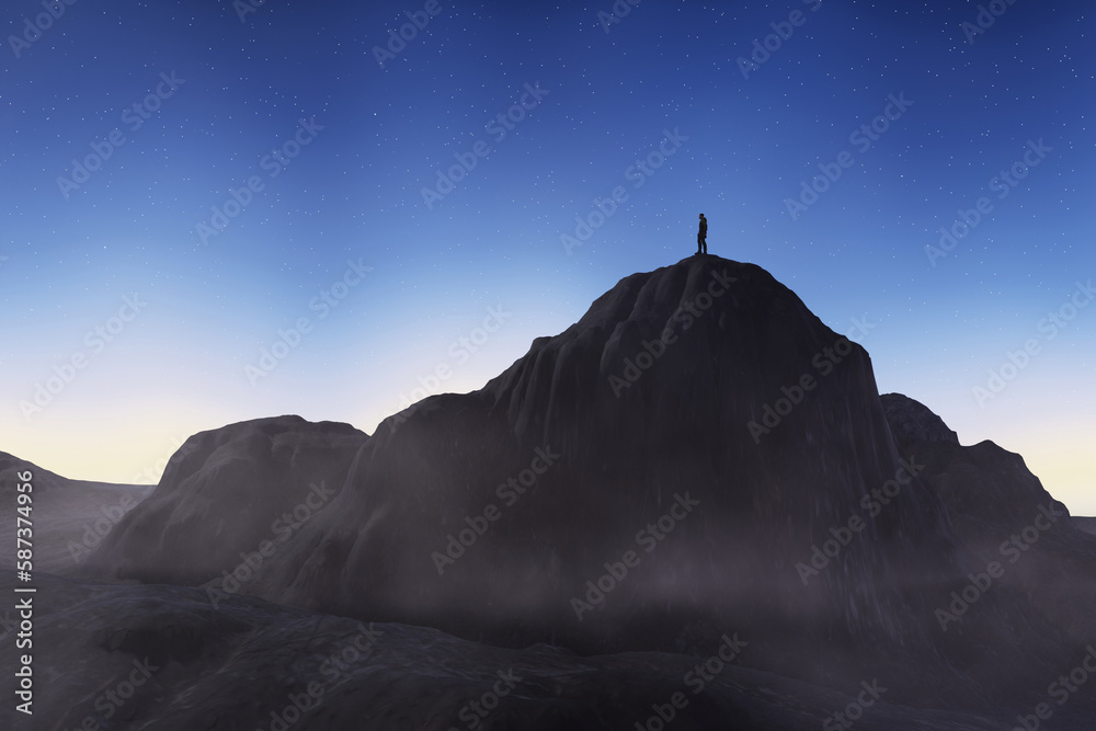 Silhouette of a person on the peak of a mountain on a starry blue background. 3d render