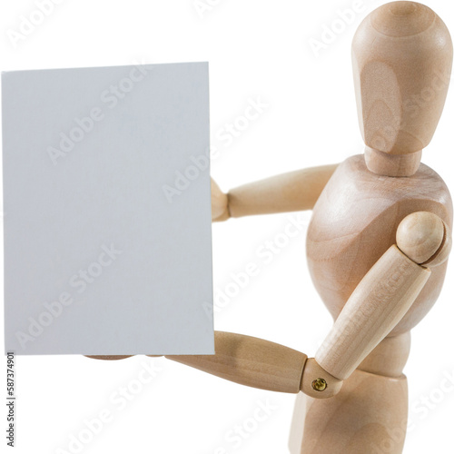 3d image of wooden figurine holding blank board 