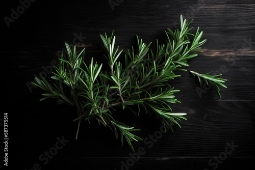  a sprig of rosemary on a black wooden table top view from above with space for a text or a logo on the side. generative ai