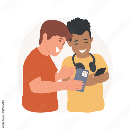 Using gadgets isolated cartoon vector illustration. Happy teen holding smartphone, boys spenting time at home together, using gadgets, leisure time and socialization vector cartoon.