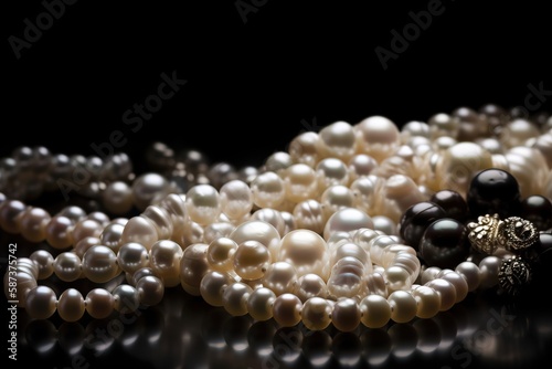  a close up of a bunch of pearls on a black background with a black background and a white pearl necklace on a black background with a gold clasp. generative ai