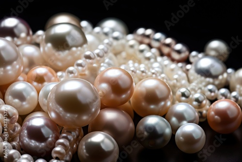  a close up of a bunch of pearls on a black background with a black background and a black background with a white pearl in the middle. generative ai
