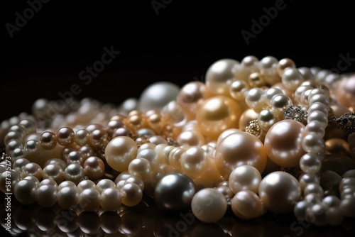  a close up of a bunch of pearls on a black surface with a reflection of the pearls on the surface and the beads in the background. generative ai