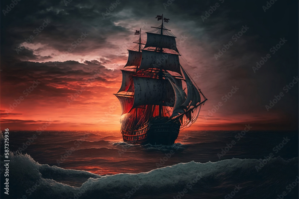 ship in the sunset, pirate ship at dusk sailing the sea, Generative AI