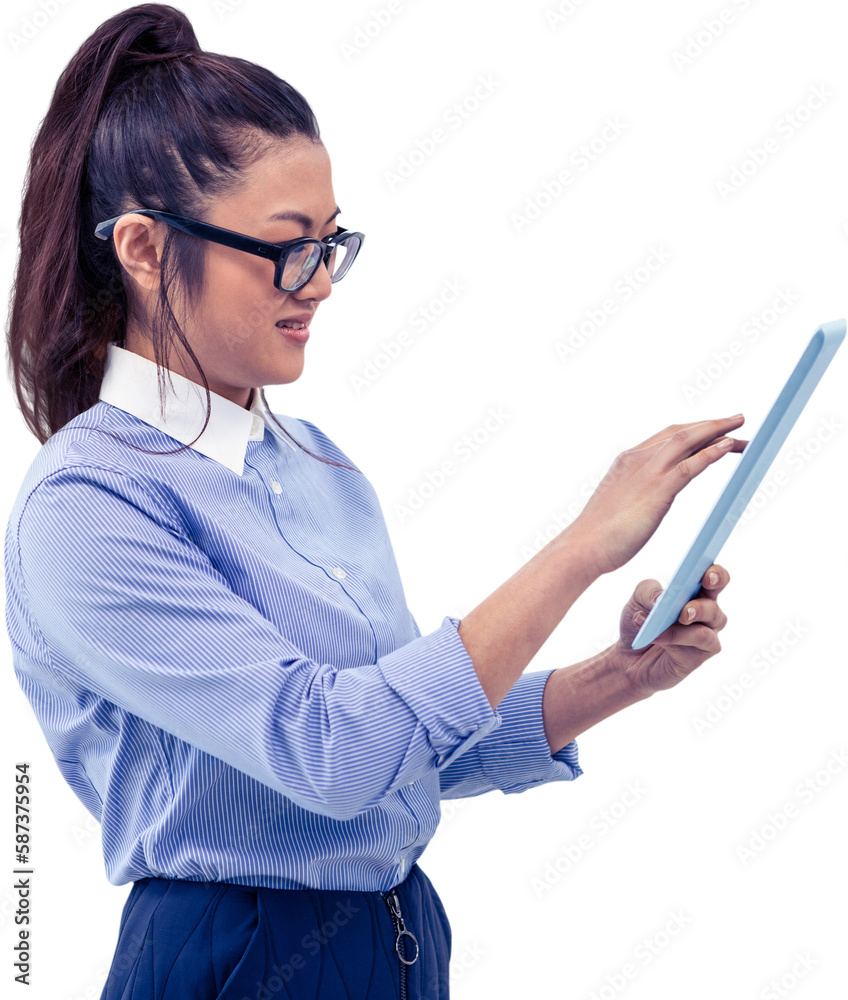 Smiling Asian businesswoman using tablet