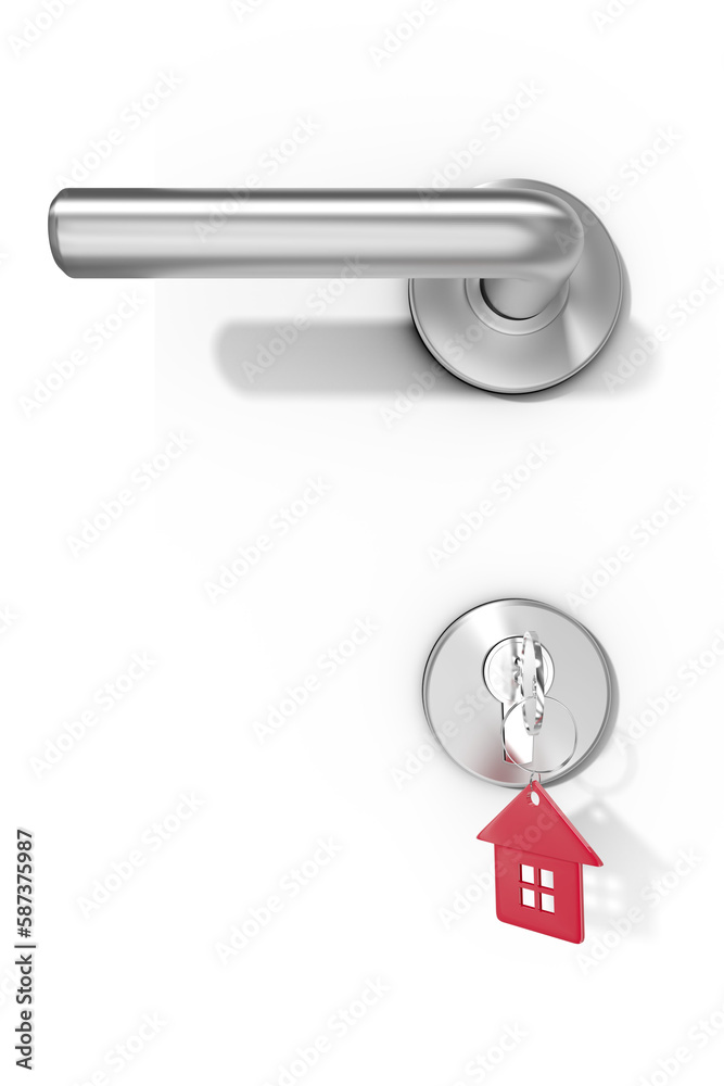 Closeup of doorknob and lock with red key ring Closeup of doorknob and lock with red key ring