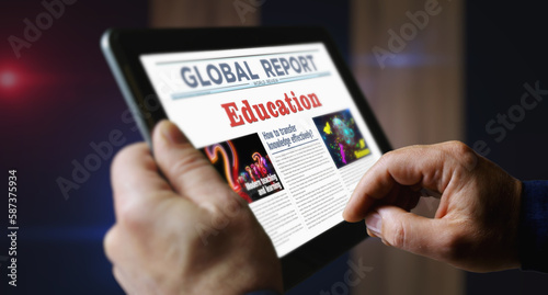 Education teach and learning newspaper on mobile tablet screen