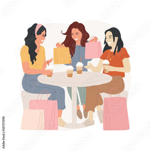 Coffee shop isolated cartoon vector illustration. Girls hanging out, leisure time in good weather, teenage friends, girls with bags at cafe table, cup of coffee, happy smile vector cartoon.