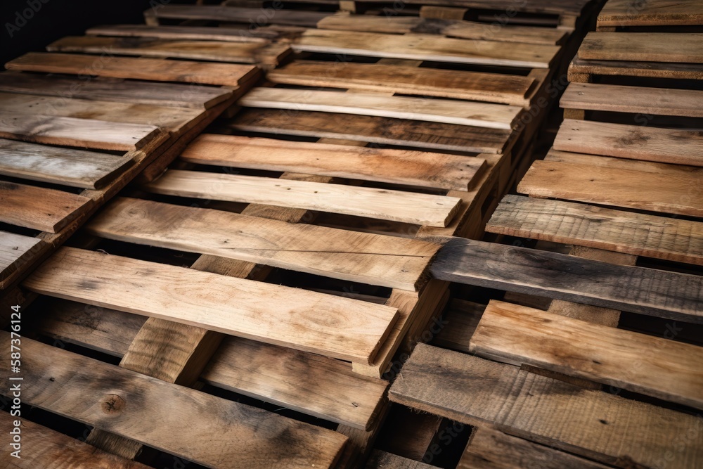 a pile of wooden pallets stacked on top of each other in a room with a black wall behind them and a black wall behind them. generative ai a pile of wooden pallets stacked on top of each other in a room with a black wall behind them and a black wall behind them. generative ai