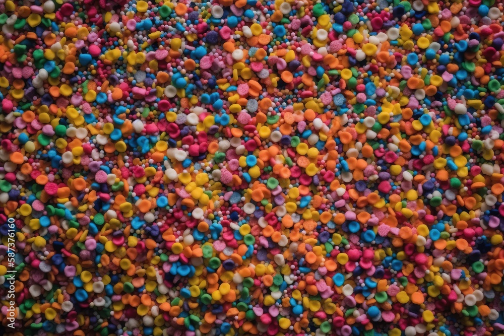  a large pile of colorful sprinkles on a white surface with a black top and bottom of the sprinkles are multicolored.  generative ai