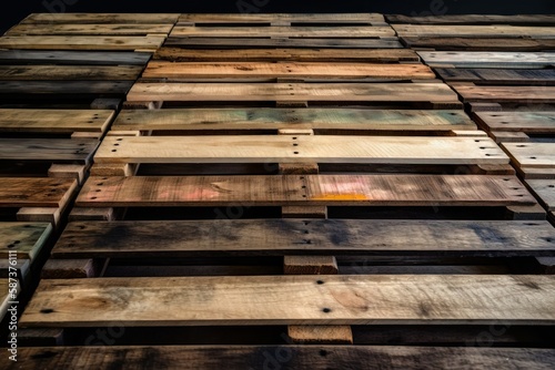  a pile of wooden pallets stacked on top of each other on top of each other in a room with a black wall behind it.  generative ai