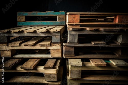  a stack of wooden pallets stacked on top of each other in a dark room with a black background and a green light shining on the top. generative ai