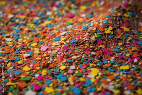  a pile of colorful confetti sprinkles on a white surface with a black top and bottom half of the image in focus.  generative ai © Nadia