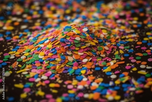  a pile of colorful sprinkles on top of a black table cloth with a brown background and a brown table cloth with multi colored sprinkles on it. generative ai