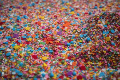  a pile of colorful sprinkles on top of a bed sheet with a roll of fabric in the middle of the bed and a pile of sprinkles on the floor.  generative ai © Nadia