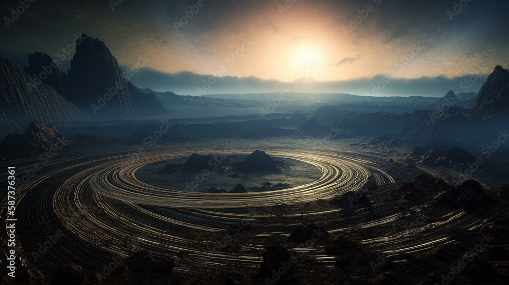 An epic scene of a planet with a massive ring system, with intricate ...