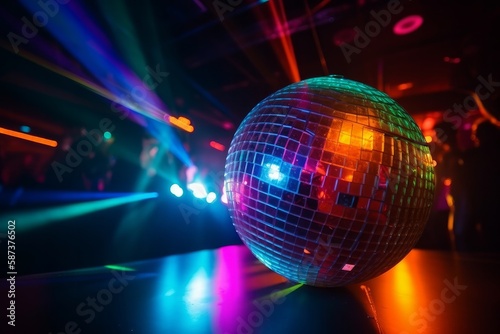 Illustration of Disco Ball Sparkling on a Colourful Dance Floor created with Generative AI technology