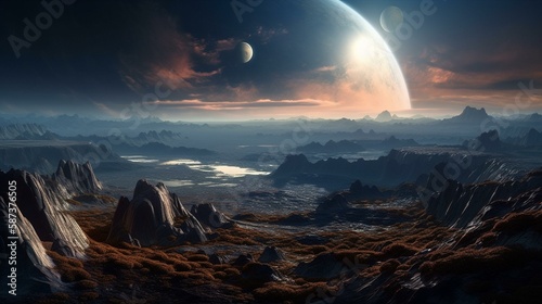 A beautiful view of a planet with massive canyons and mountain ranges visible on its surface. Generative AI