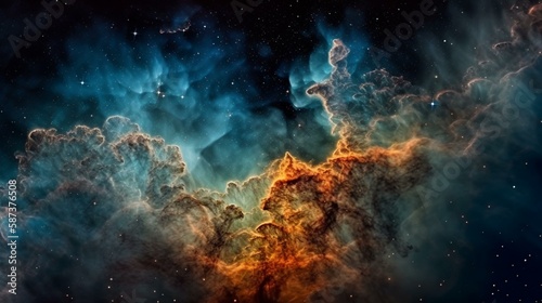 A stunning photograph of a distant nebula with intricate patterns of gas and dust illuminated by bright stars. Generative AI
